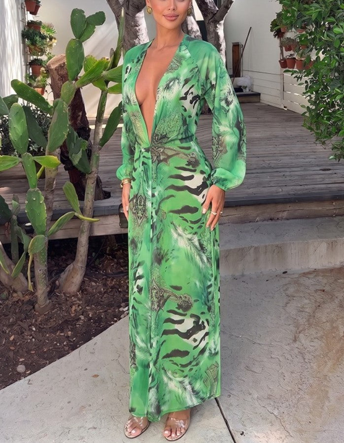 Deep V Long Sleeve Animal Print Maxi Dress High Slit Beach Vacation Cover‑Up Dress