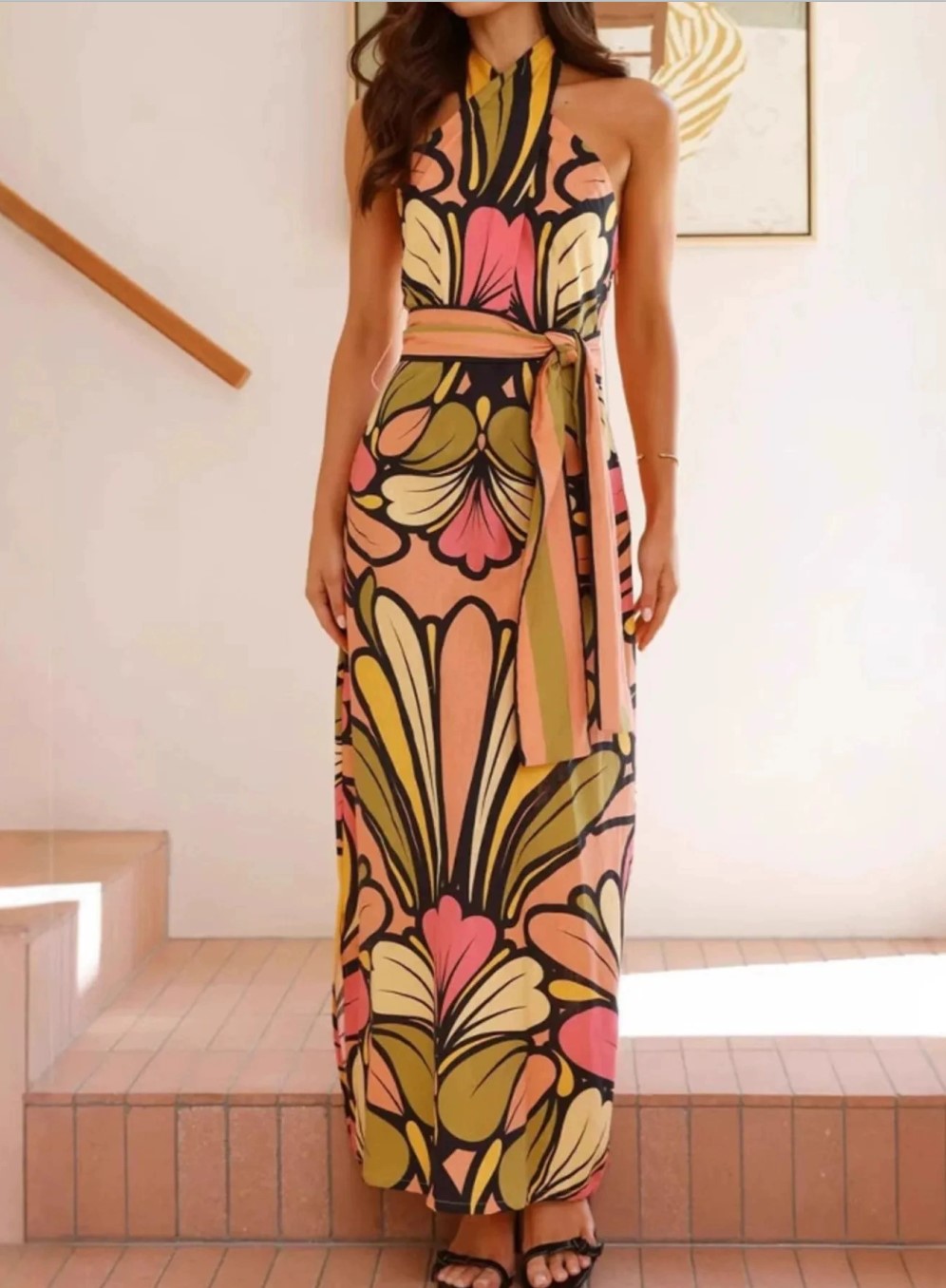 Halter Neck Floral Print Maxi Dress Sash Tie Waist Summer Vacation Maxi Dress