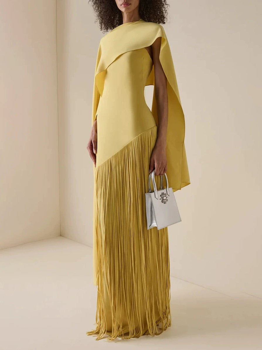 Cape Sleeve Fringe Maxi Evening Dress Solid Yellow Formal Party Gown