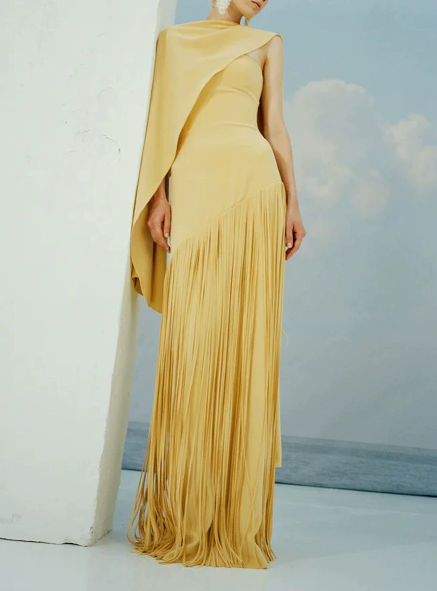 Cape Sleeve Fringe Maxi Evening Dress Solid Yellow Formal Party Gown
