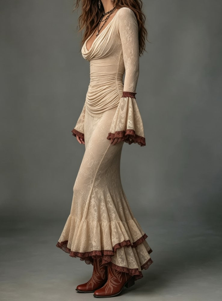 Cowl Neck Flare Sleeve Lace Mermaid Maxi Dress Vintage Western Maxi Dress