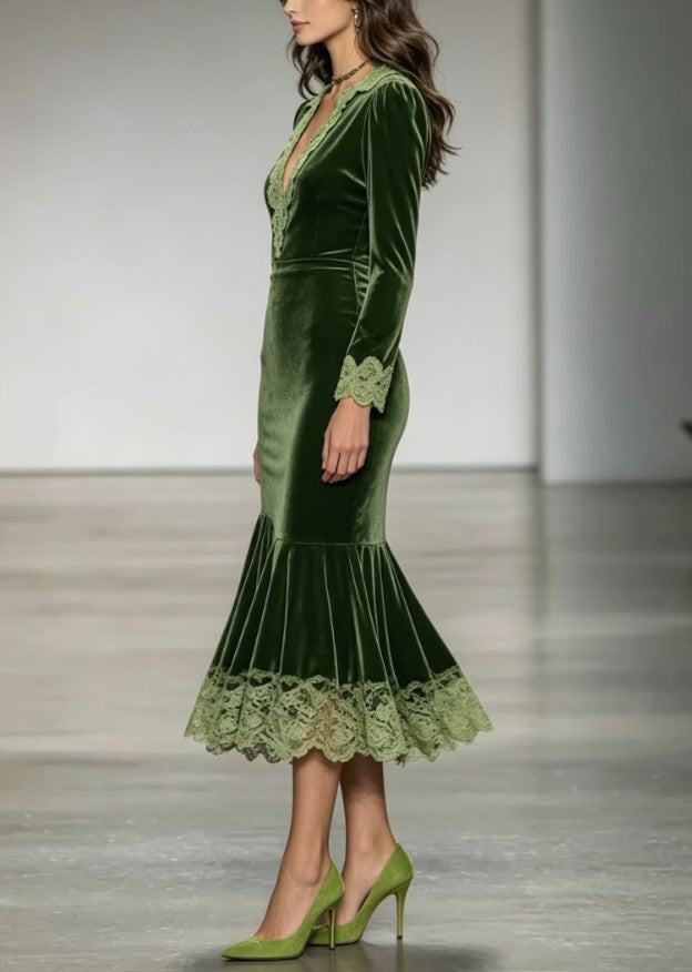 Green Velvet Lace Midi Dress Deep V Neck Long Sleeve Bodycon Mermaid Evening Dress