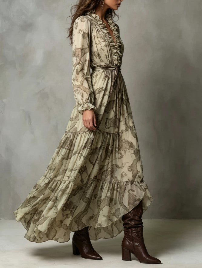 Vintage Animal Print Maxi Dress Ruffle V‑Neck Long Sleeve Belted Tiered Flowy Boho Dress