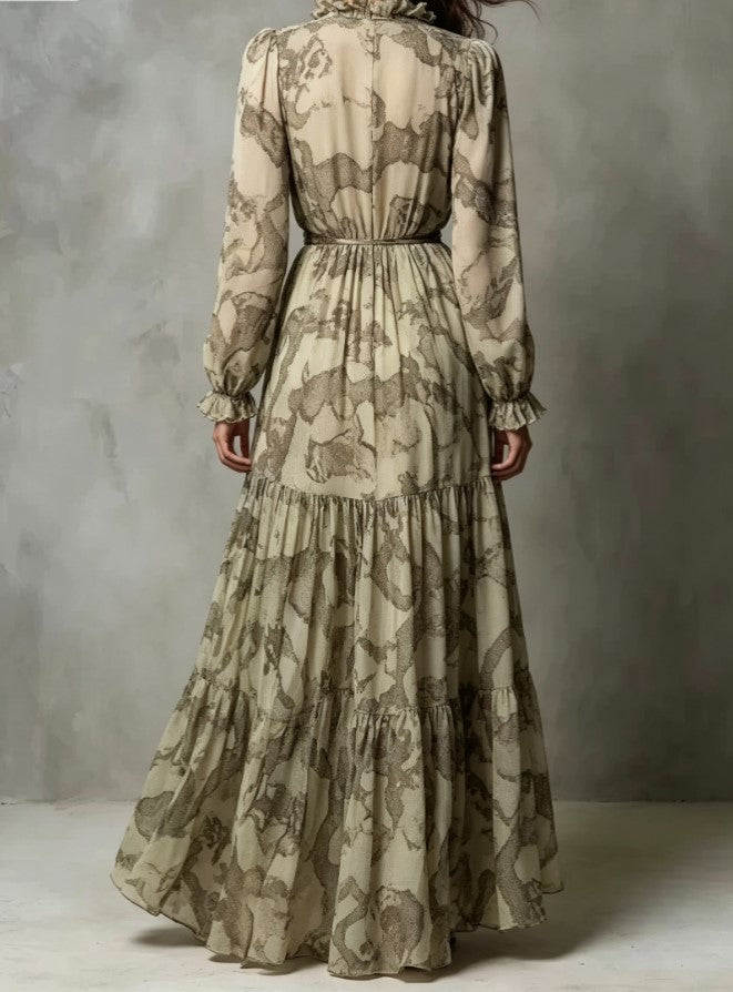 Abito maxi boho fluido vintage con stampa animalier, scollo a V con volant, maniche lunghe, cintura e balze