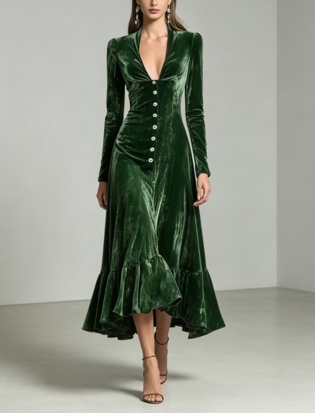 Green Velvet Midi Dress Deep V Neck Long Sleeve Front Button Ruffle Hem Evening Dress