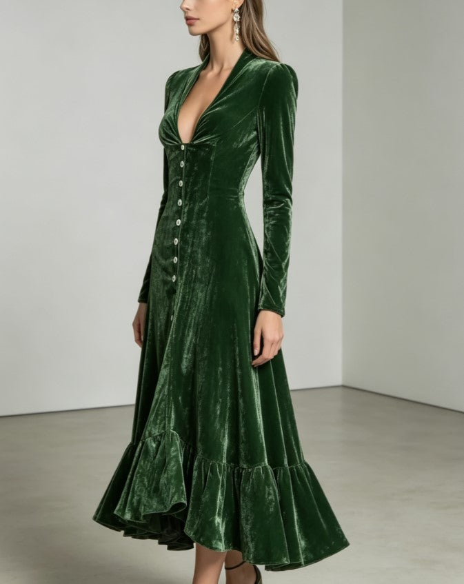 Green Velvet Midi Dress Deep V Neck Long Sleeve Front Button Ruffle Hem Evening Dress