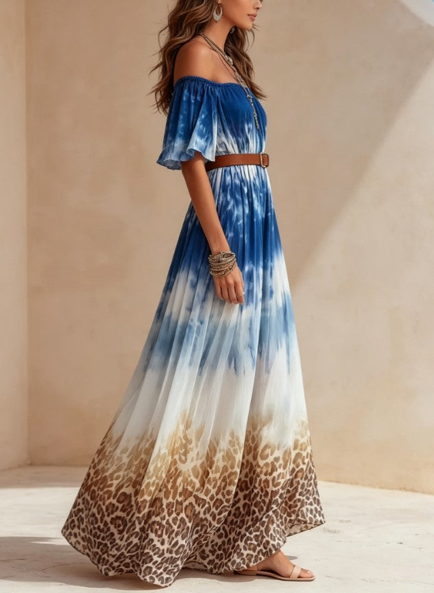Tie‑Dye Leopard Off‑Shoulder Maxi Dress Short Flutter Sleeve Belted Boho Vacation Maxi Dress