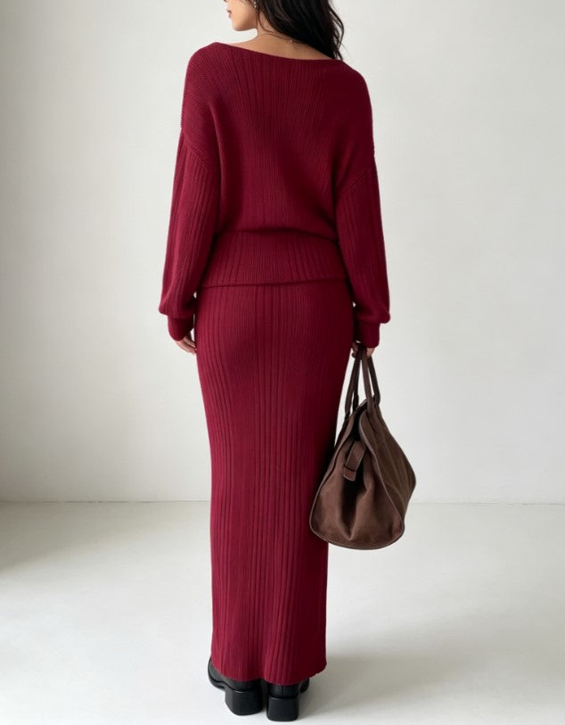 Burgundy Ribbed Knit Two Piece Set Off‑Shoulder Long Sleeve Crop Top Maxi Skirt Matching Outfit