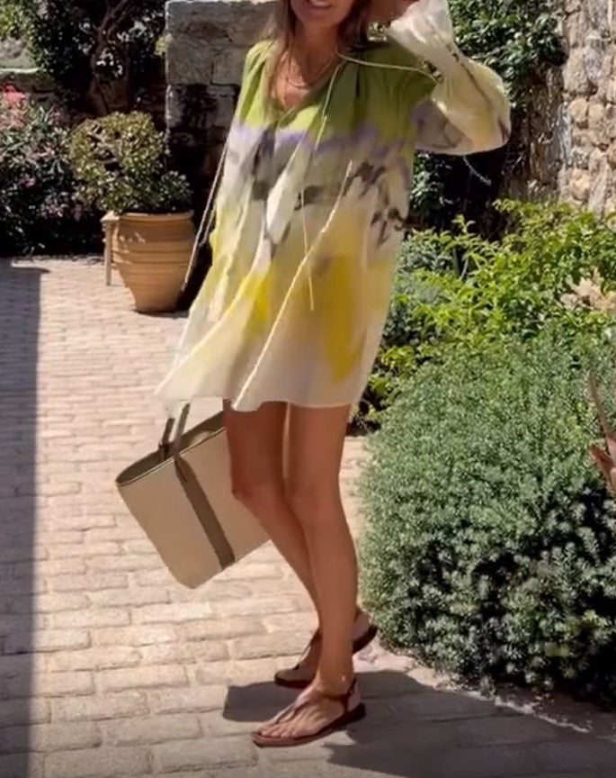 Robe courte bohème ample pour femme à imprimé tie-dye, manches lanternes, idéale pour les vacances