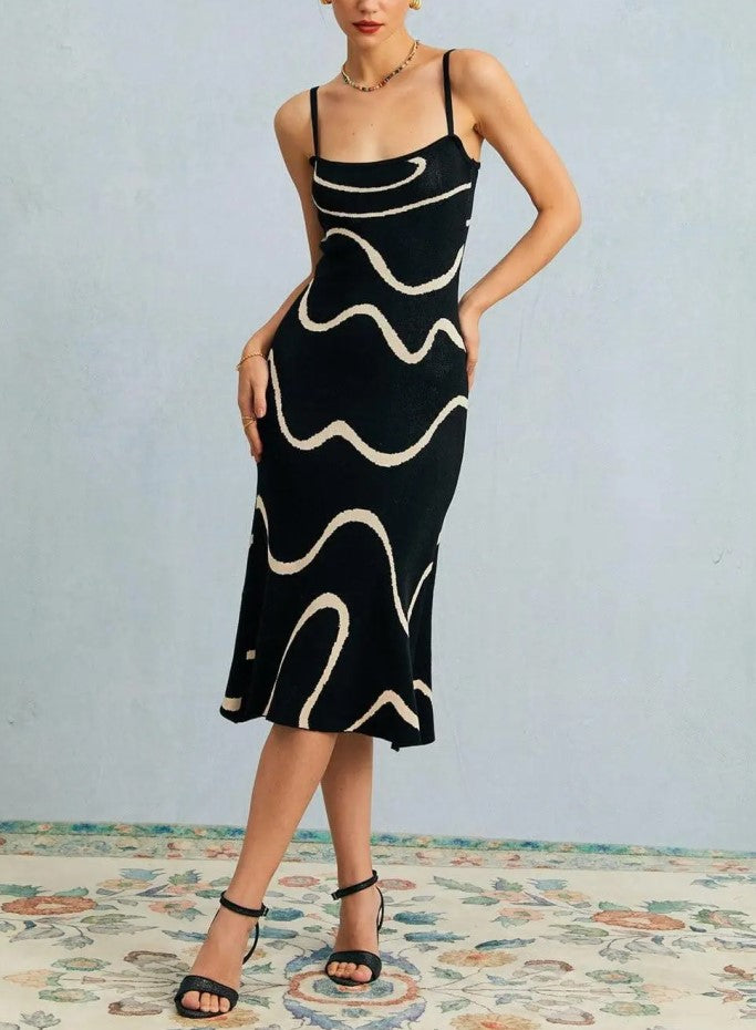 Black White Wavy Print Spaghetti Strap Square Neck Knit Midi Dress