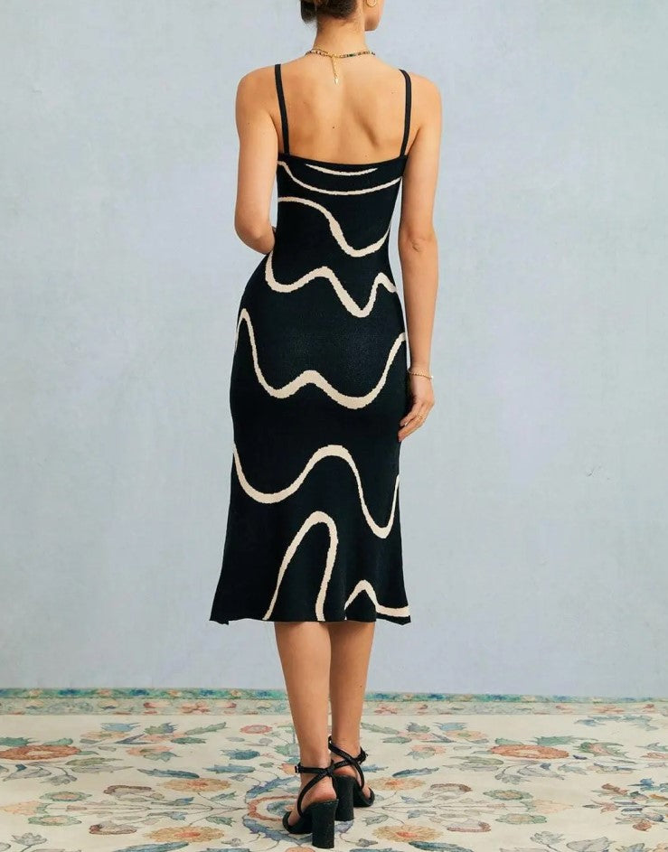 Black White Wavy Print Spaghetti Strap Square Neck Knit Midi Dress