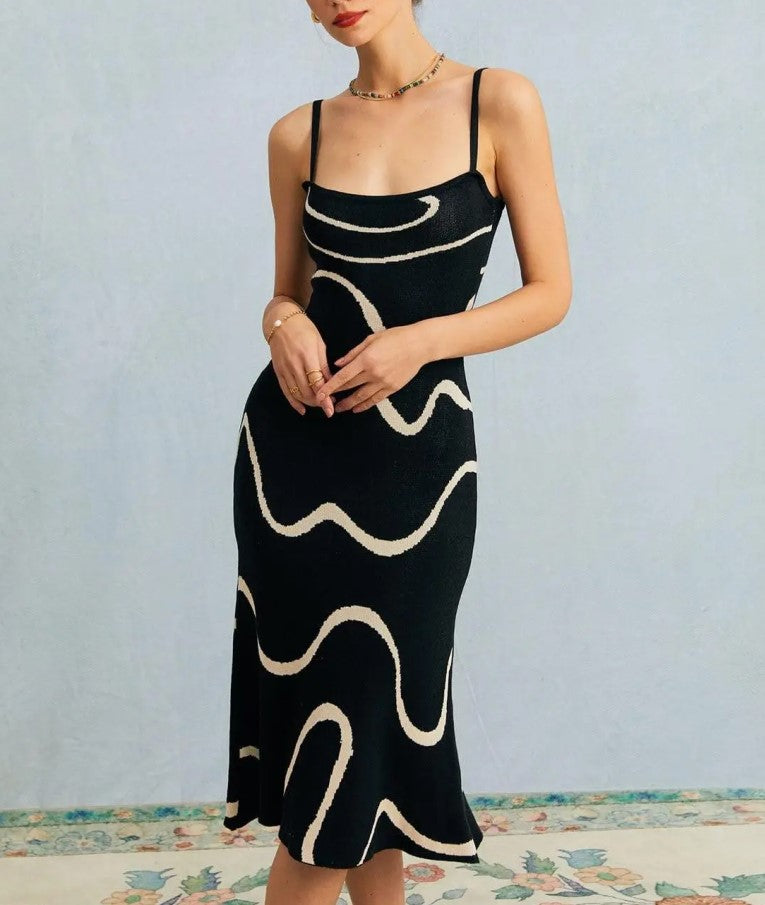 Black White Wavy Print Spaghetti Strap Square Neck Knit Midi Dress