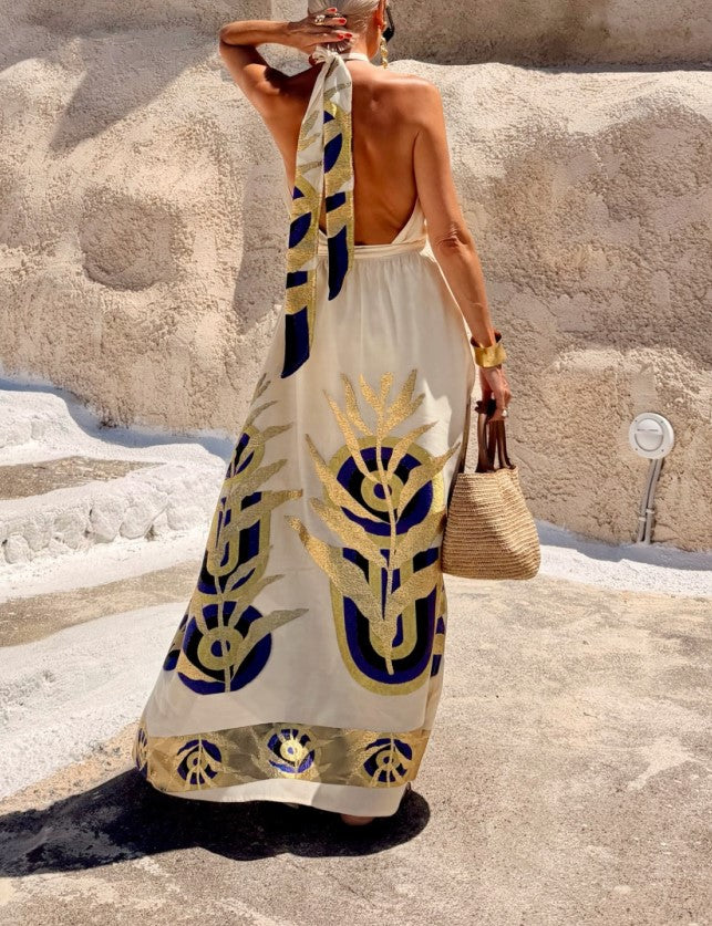 Halter Sleeveless Vintage Geometric Print Belted Waist Maxi Dress
