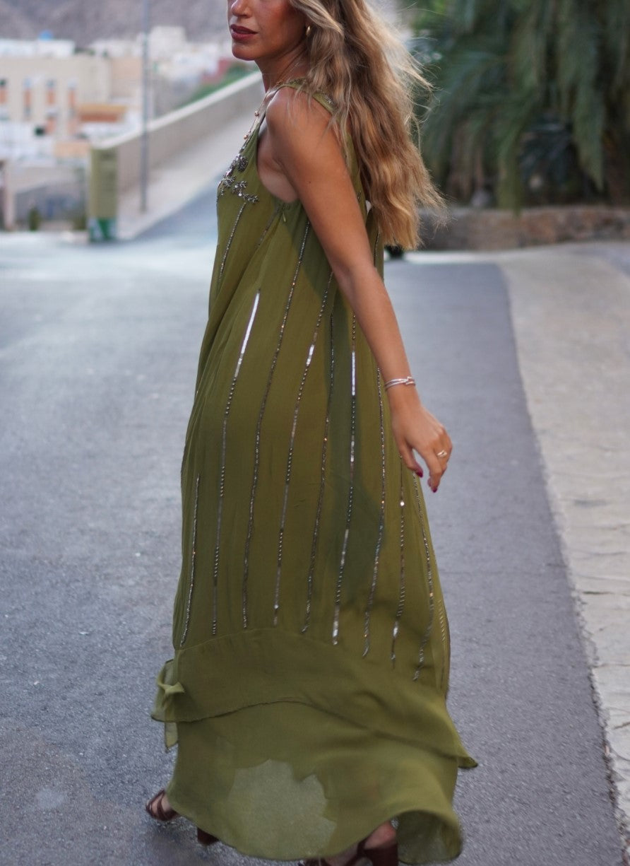Abito da sera lungo verde oliva con perline e paillettes, scollo a V, senza maniche, per feste