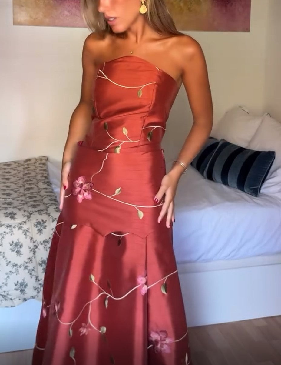 Rust Floral Embroidered Strapless Maxi Dress Satin Formal Party Gown