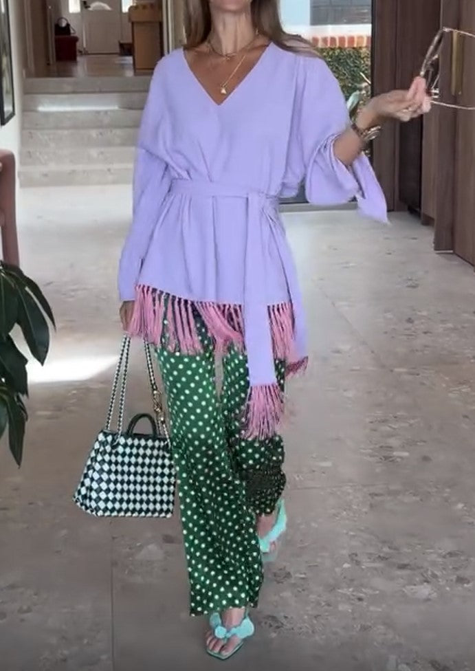 Lilac V Neck Tassel Belted Tunic Top Green Polka Dot Wide Leg Pants 2 Piece Outfit