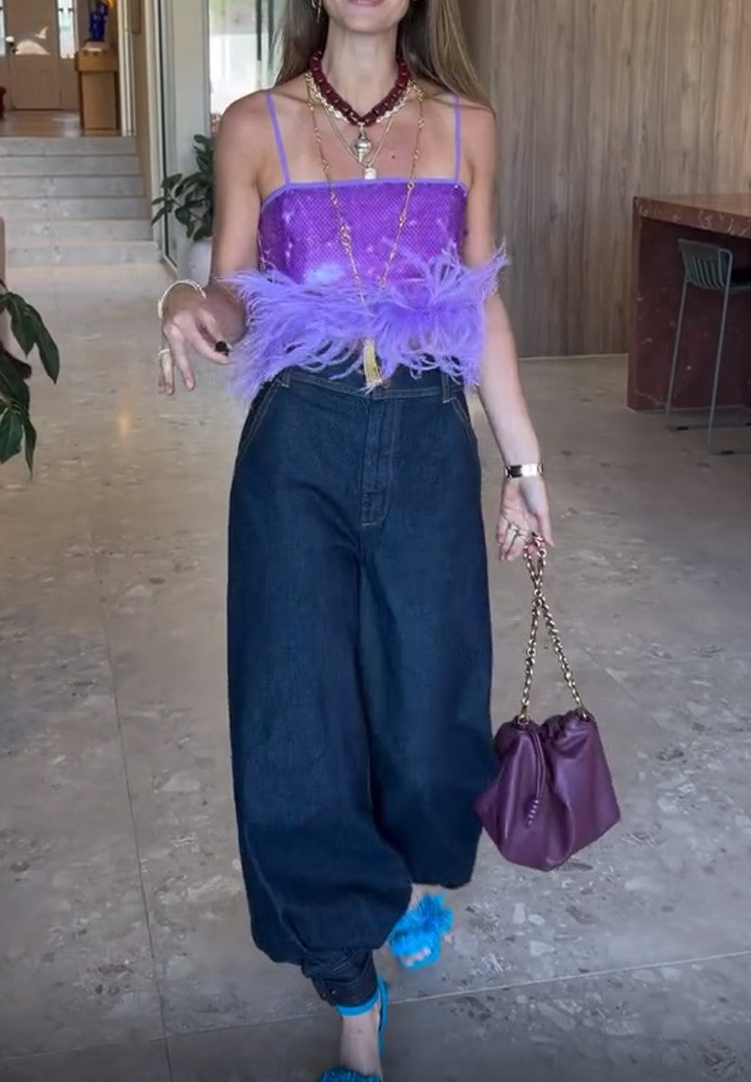 Purple Sequin Feather Cami Crop Top & Denim Jogger Pants 2 Piece Outfit