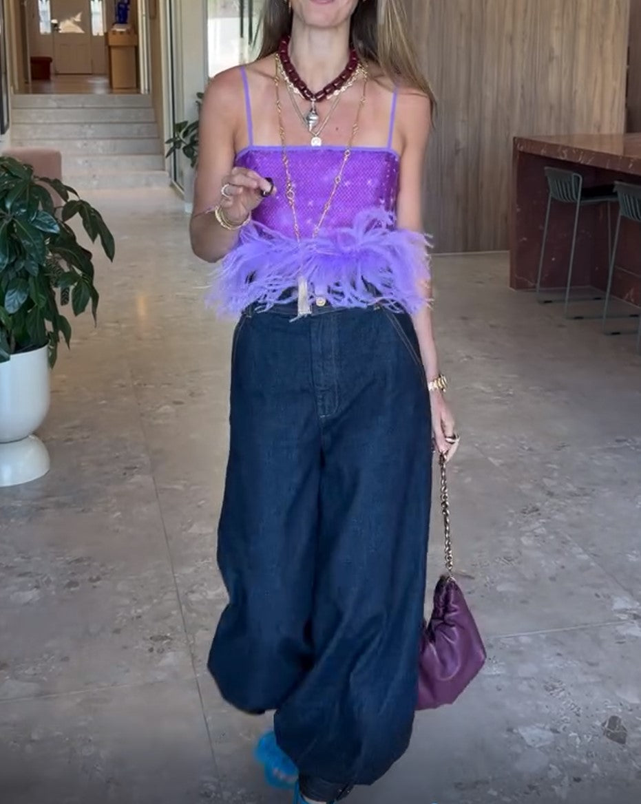 Purple Sequin Feather Cami Crop Top & Denim Jogger Pants 2 Piece Outfit