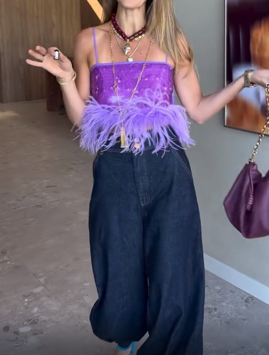 Purple Sequin Feather Cami Crop Top & Denim Jogger Pants 2 Piece Outfit
