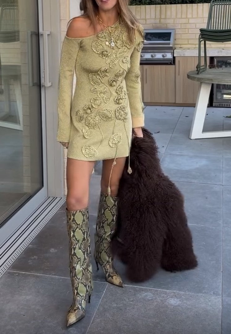 Olive Green 3D Floral Applique One Shoulder Long Sleeve Mini Dress