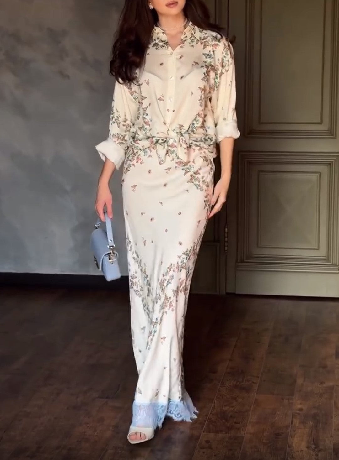 Beige Floral Print Shirt & Lace Hem Maxi Skirt 2 Piece Outfit