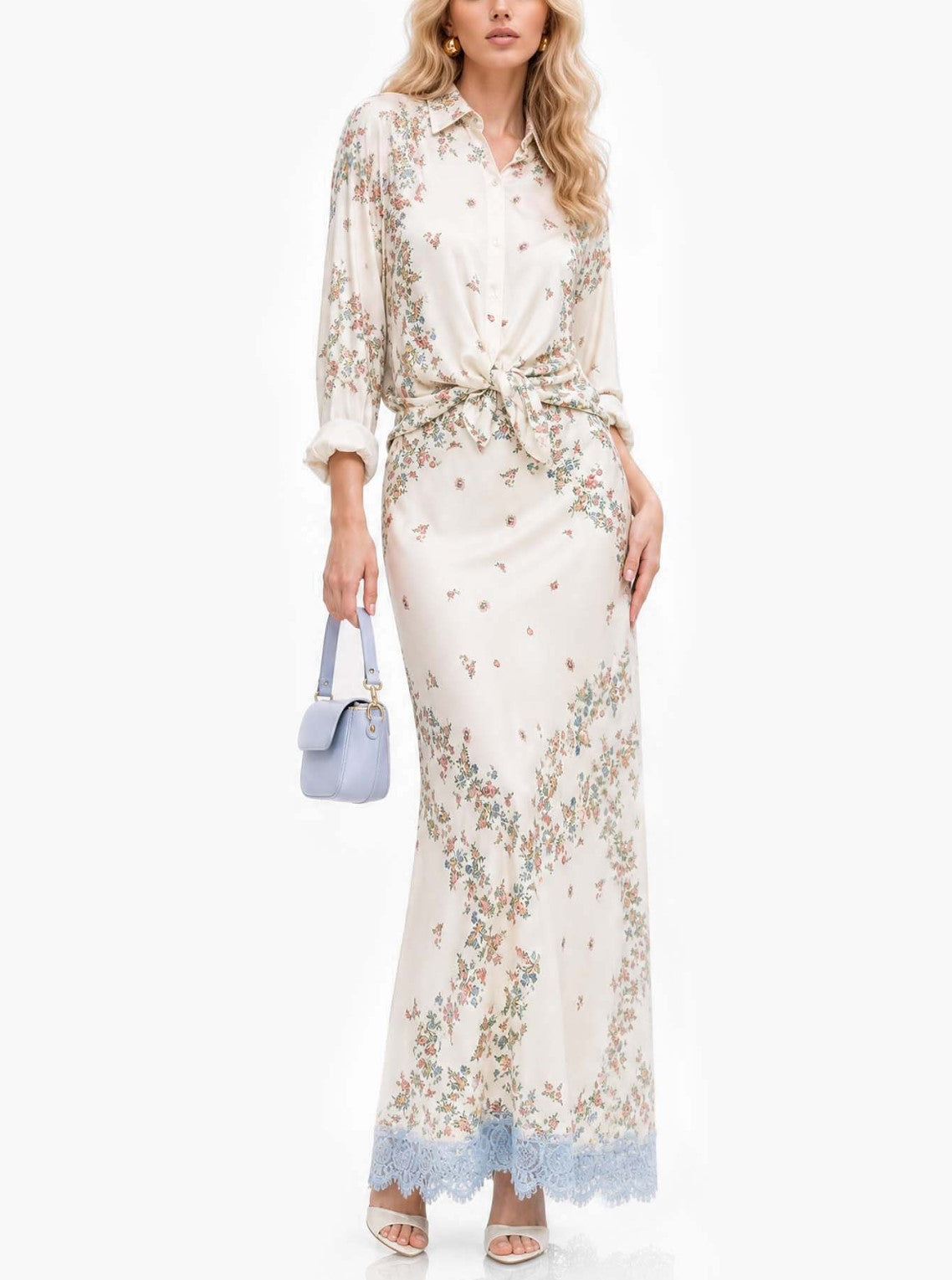 Beige Floral Print Shirt & Lace Hem Maxi Skirt 2 Piece Outfit