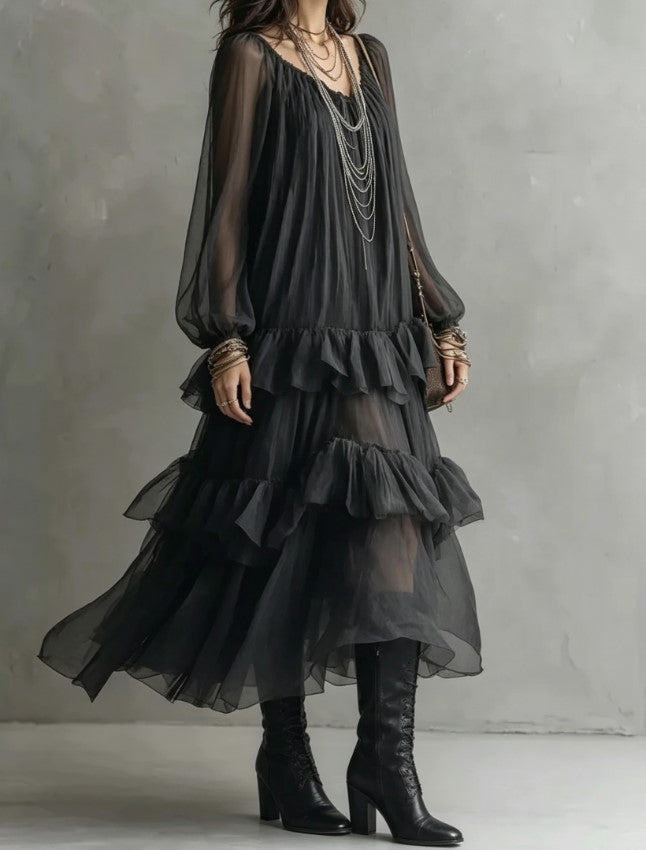 Dark Grey V Neck Sheer Tiered Ruffle Long Sleeve Boho Midi Dress