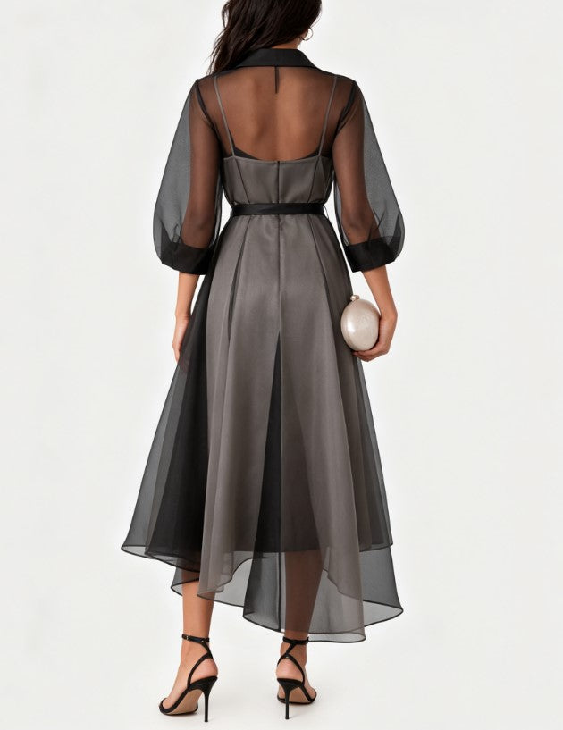Robe midi noire en organza à revers et nœud, deux pièces, pour soirée