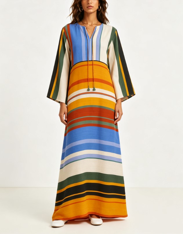 Color Block Stripe V Neck Tassel Bell Sleeve Vacation Maxi Dress