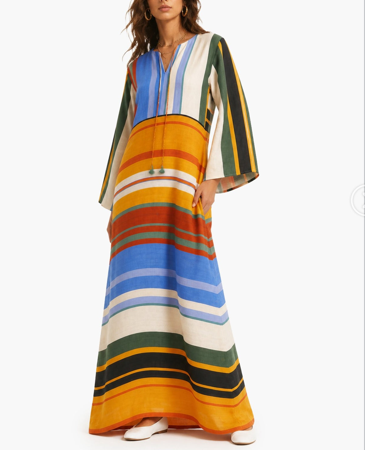 Color Block Stripe V Neck Tassel Bell Sleeve Vacation Maxi Dress