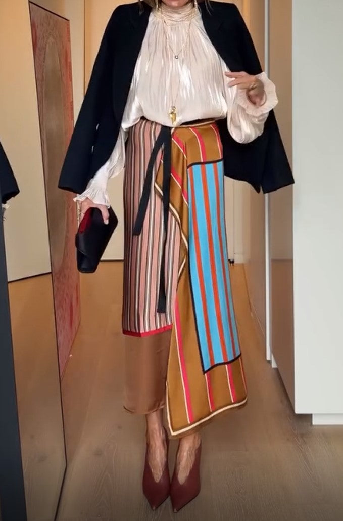 Color Block Stripe Patchwork Wrap Satin Midi Skirt