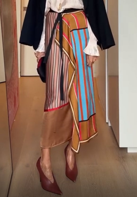 Color Block Stripe Patchwork Wrap Satin Midi Skirt