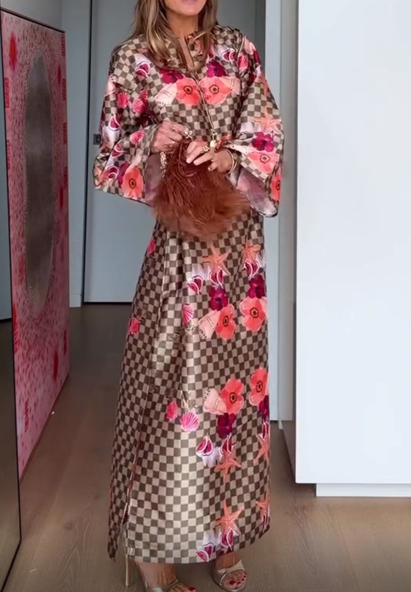 Checkerboard Floral Starfish Print Stand Collar Wide Sleeve Maxi Shirt Dress