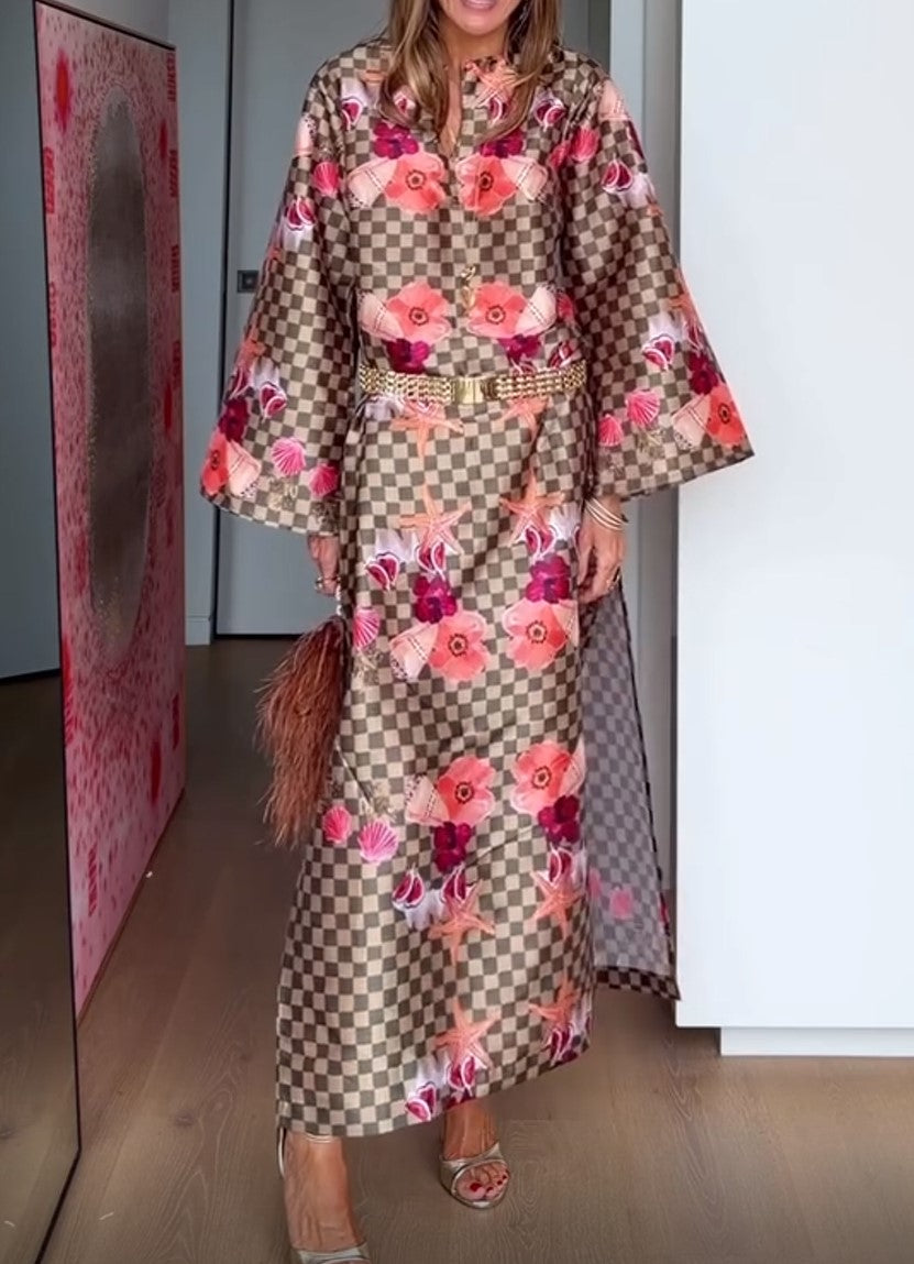 Abito camicia lungo con stampa floreale a scacchi e stelle marine, collo alla coreana e maniche ampie