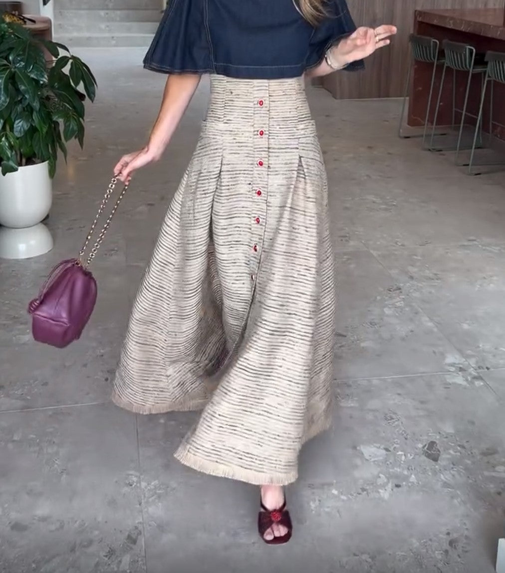 Textured Stripe Button‑Front Fringe Hem High Waist Maxi Skirt