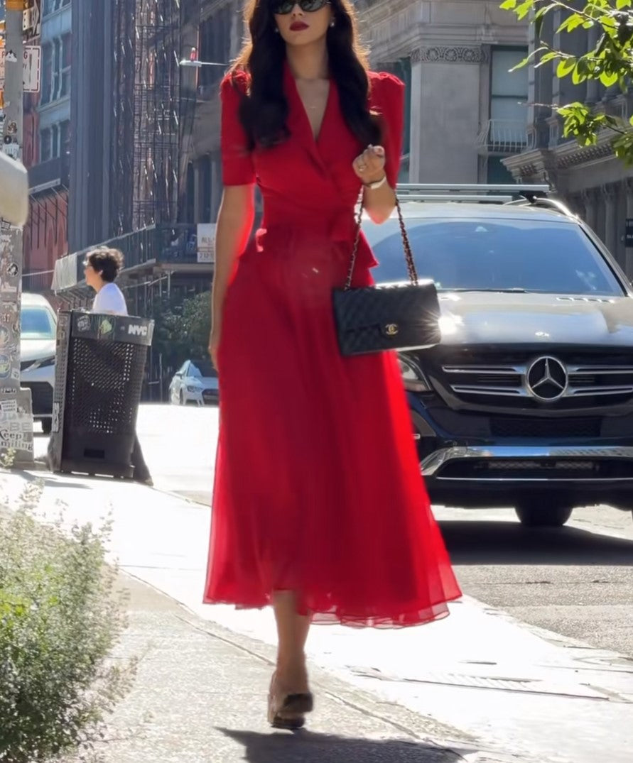Red V Neck Wrap Midi Chiffon Dress