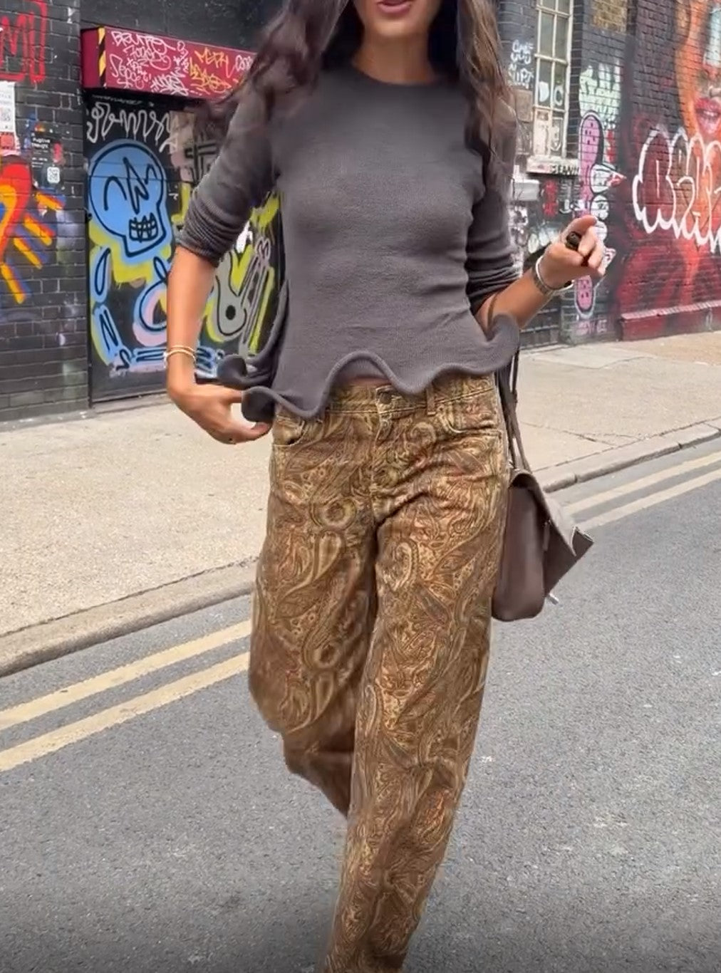 Grey Wavy Hem Knit Top & Paisley Print Wide Leg Pants Set