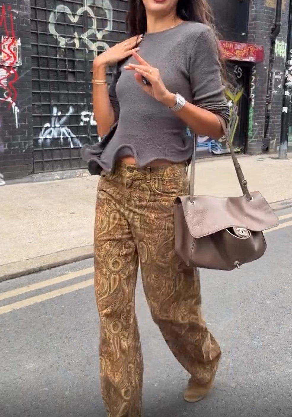 Grey Wavy Hem Knit Top & Paisley Print Wide Leg Pants Set
