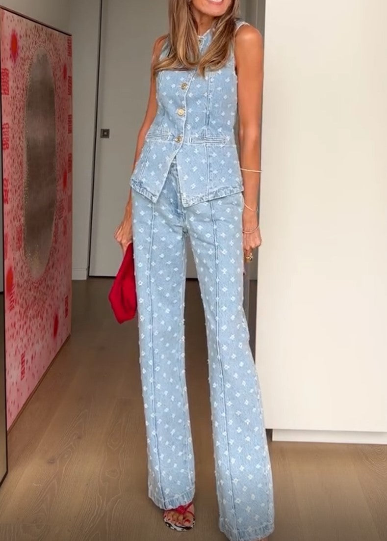 Light Blue Printed Denim Vest & Flare Pants Two Piece Set