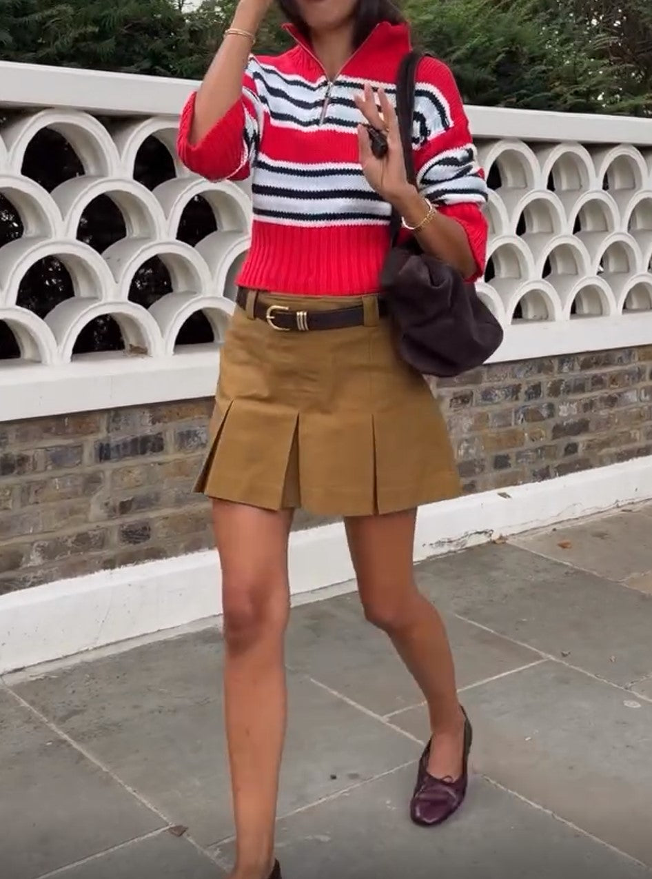 Striped Half Zip Knit Top & Khaki Pleated Mini Skirt Set