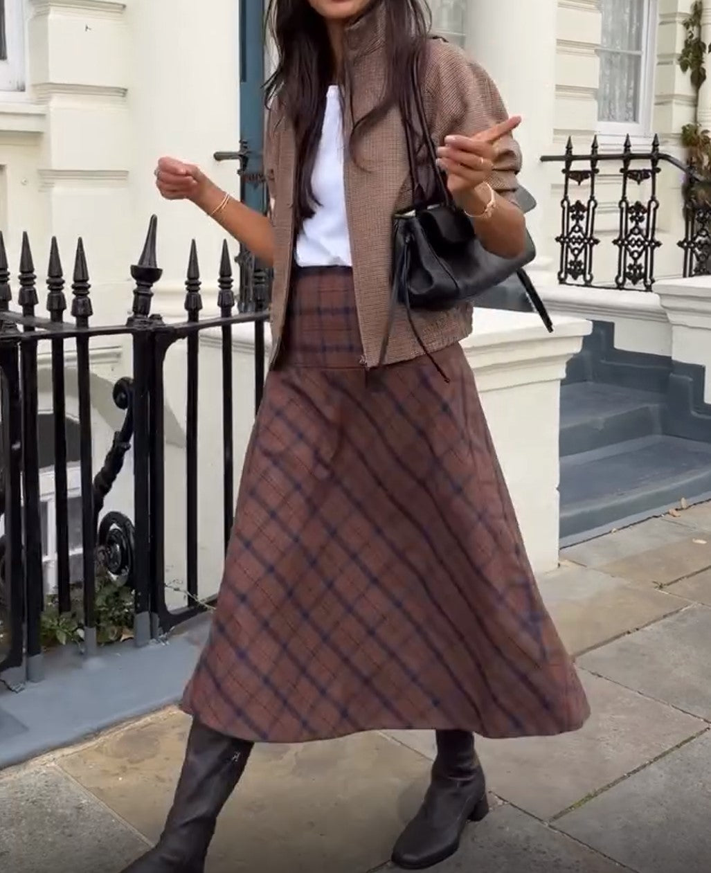 Houndstooth Zip Jacket & Plaid Midi Skirt Two Piece Set