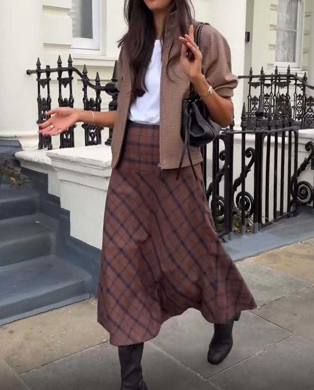 Houndstooth Zip Jacket & Plaid Midi Skirt Two Piece Set