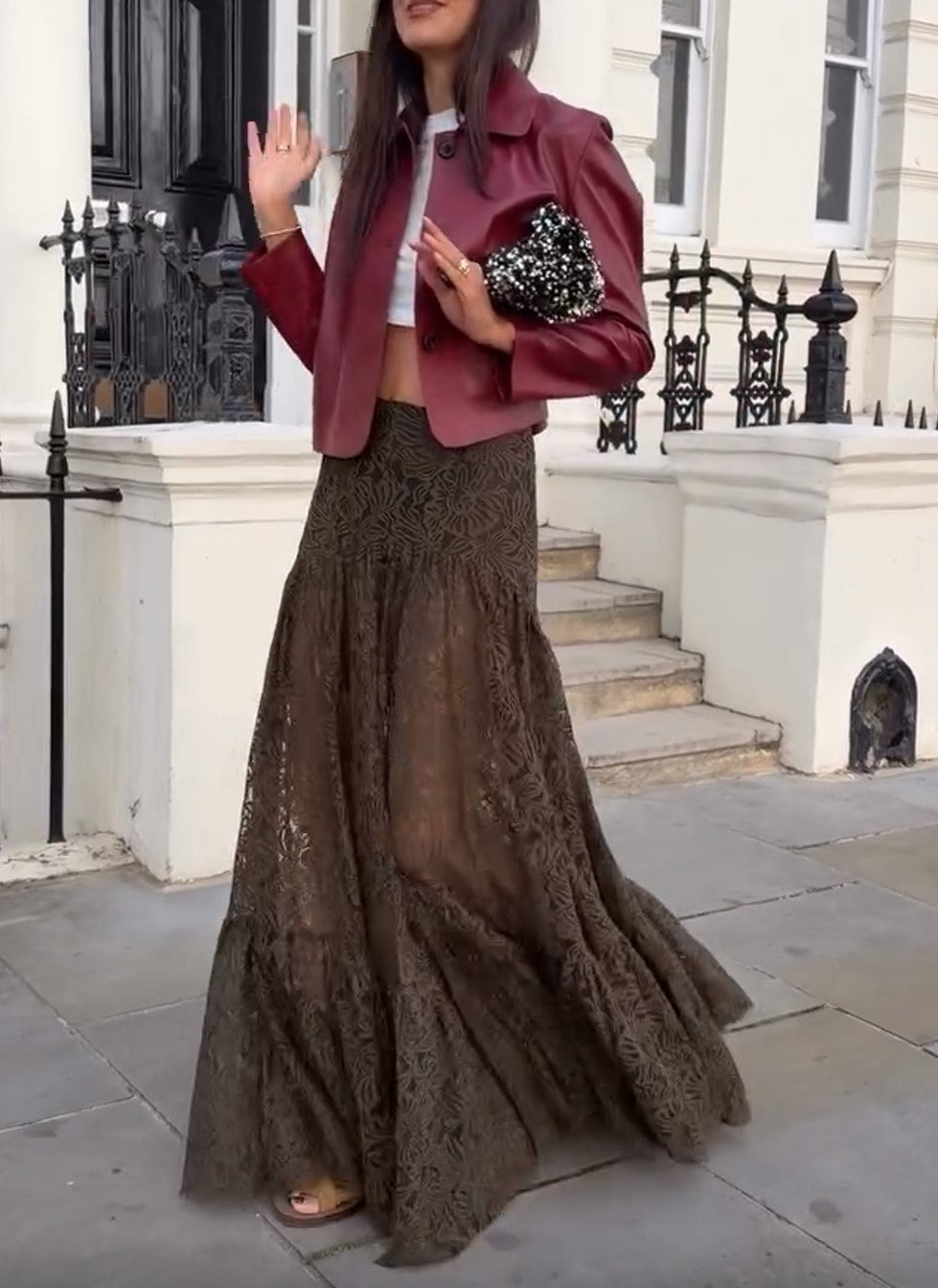 Burgundy Faux Leather Cropped Jacket & Brown Lace Maxi Skirt Set