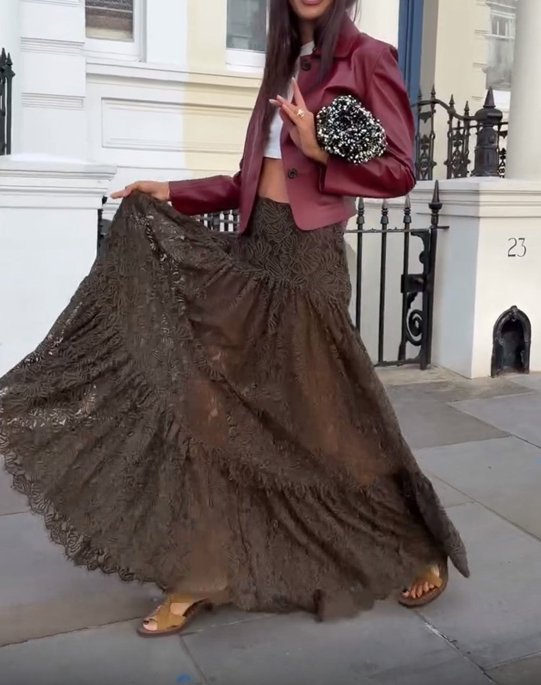 Burgundy Faux Leather Cropped Jacket & Brown Lace Maxi Skirt Set