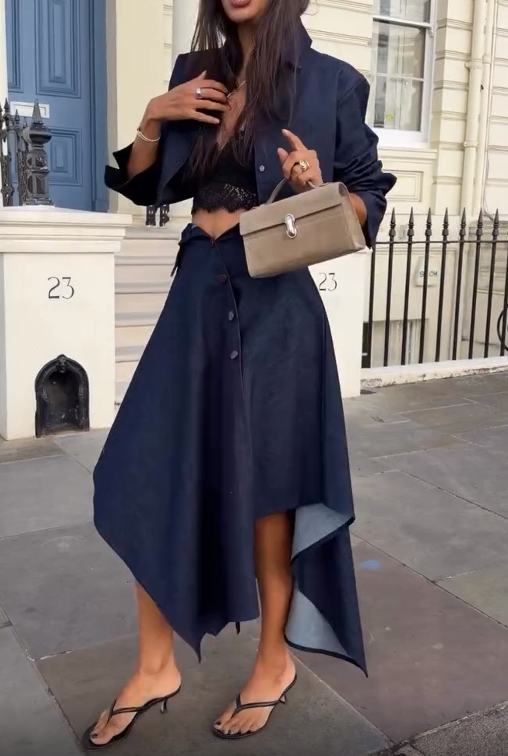 Dark Denim Cropped Shirt & Asymmetrical Midi Skirt Two Piece Set