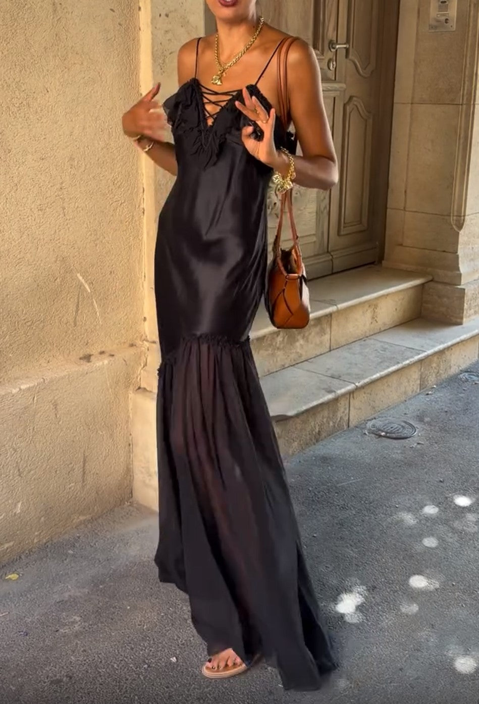 Black Satin Lace-Up Ruffle Spaghetti Strap Mermaid Maxi Dress