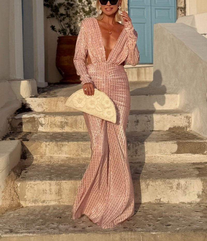 Rosa Pailletten-Maxikleid mit tiefem V-Ausschnitt, langen Ärmeln und Meerjungfrauen-Schnitt