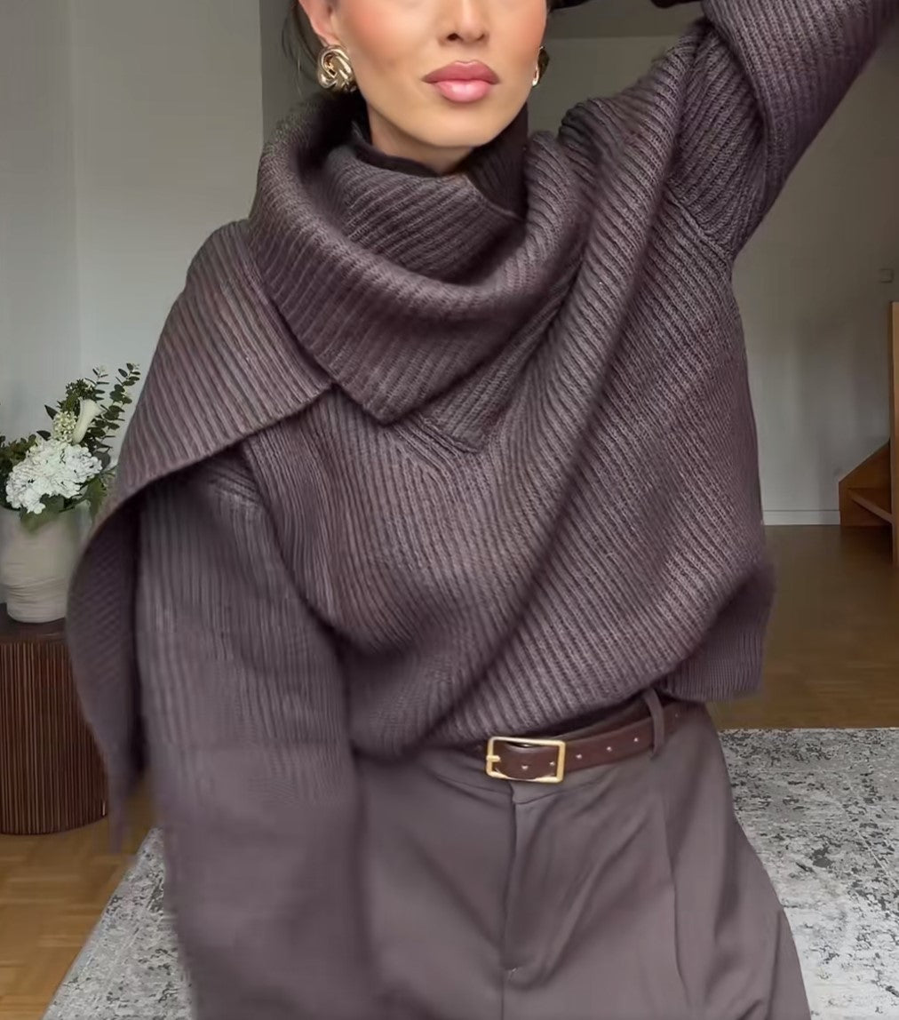 Women’s Oversized Wrap Scarf Collar Sweater Casual Loose Pullover Knit Top