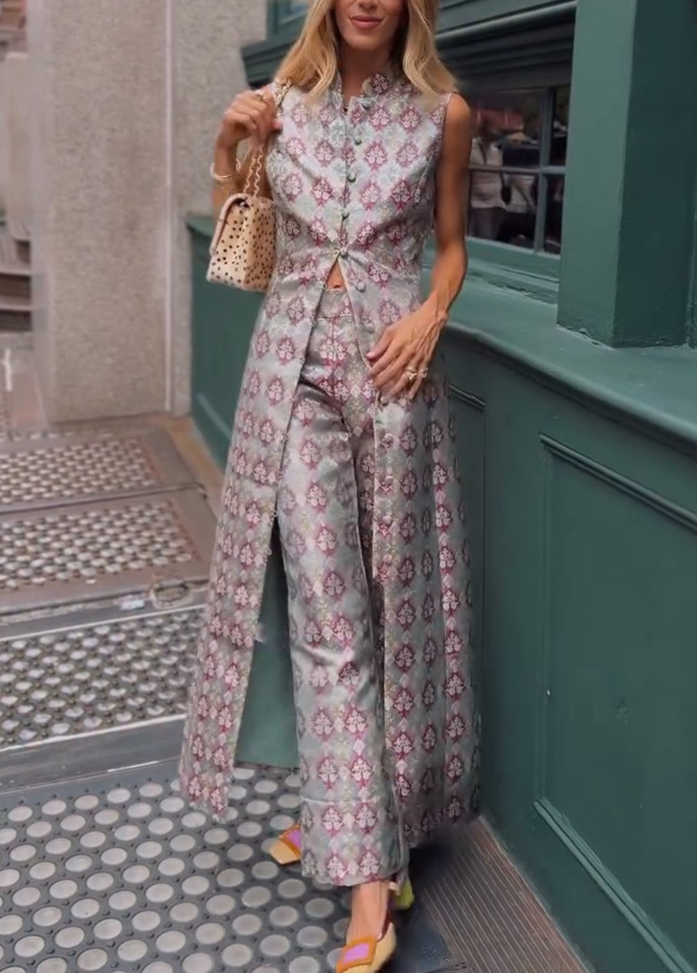 Sleeveless Jacquard Long Overlay Top & Wide Leg Pants Set