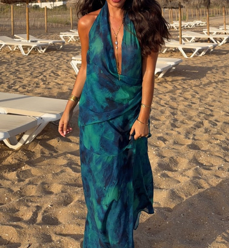 Maxikleid mit Neckholder, Wasserfallausschnitt und Batikmuster